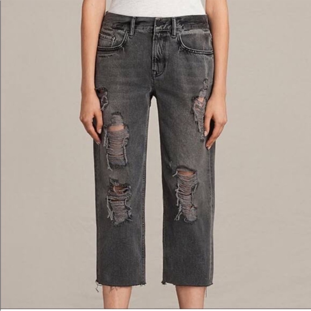 ALL SAINTS Ivy Destroyed Boys Cut Cropped Denim Jeans Gray Size 26